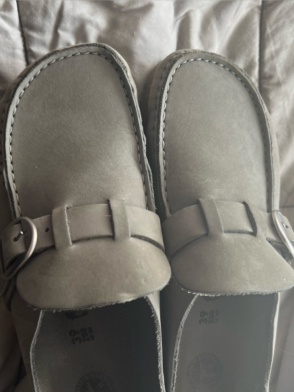Birkenstock womens leather Moccasins in Dove Gray with Silver Buckle